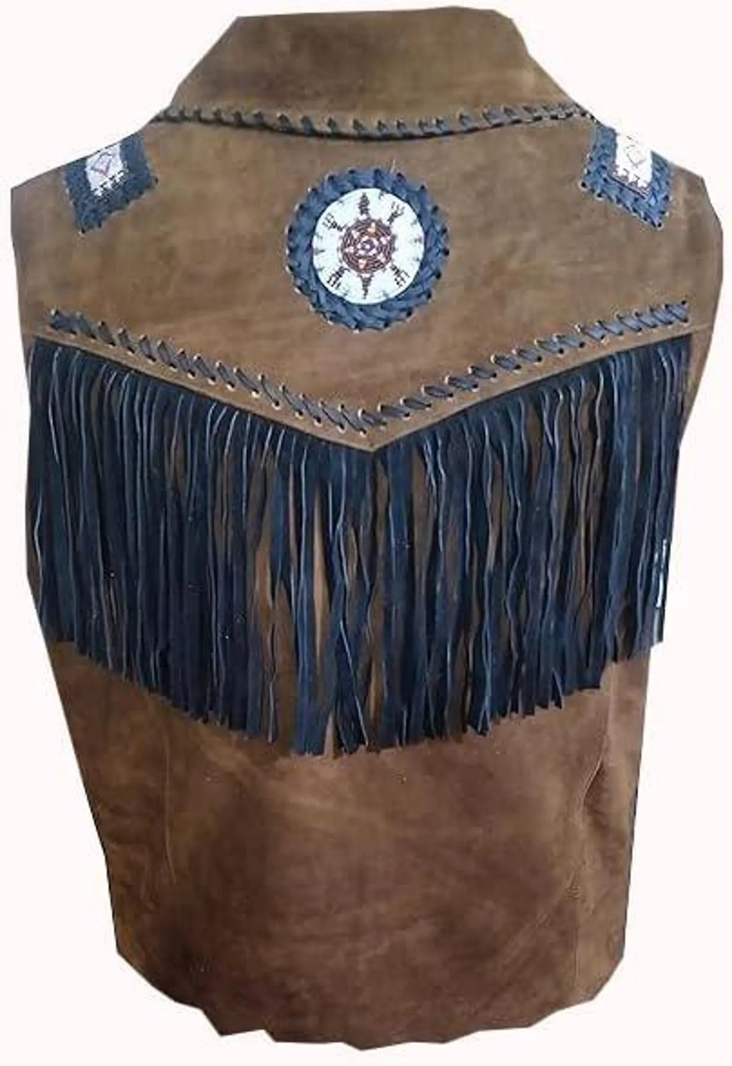 Men's Suede Leather Western Vest with Fringe and Beaded Accents