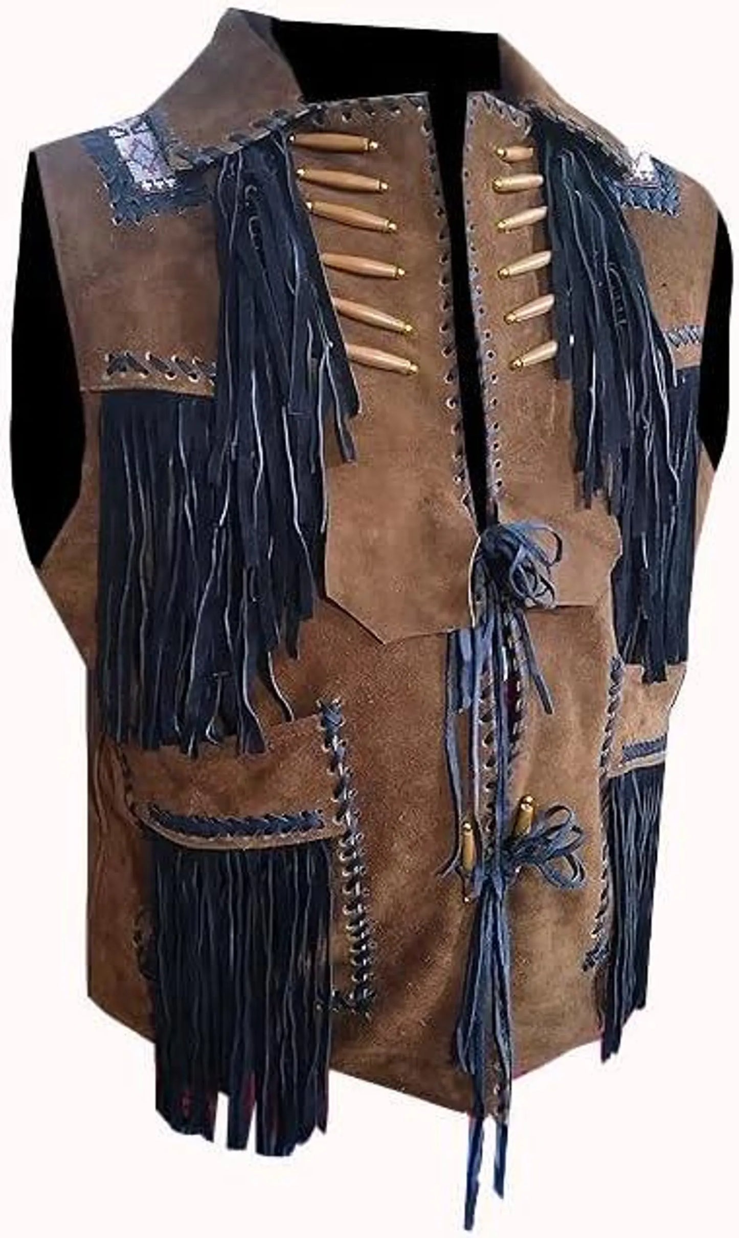 Men's Suede Leather Western Vest with Fringe and Beaded Accents