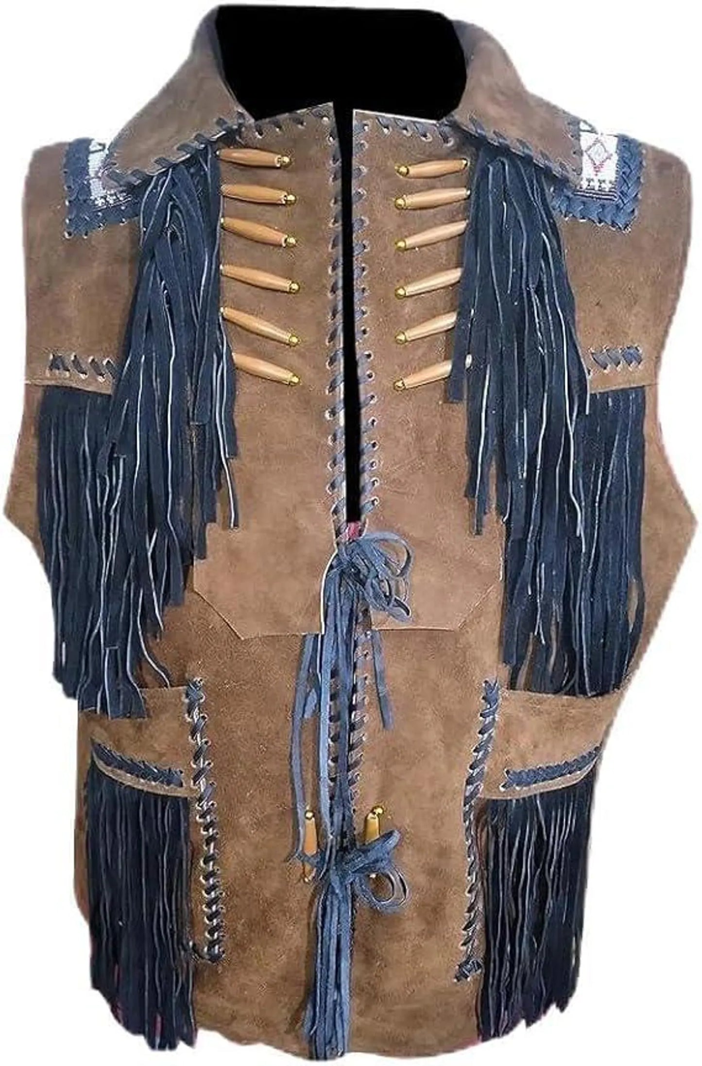 Men's Suede Leather Western Vest with Fringe and Beaded Accents