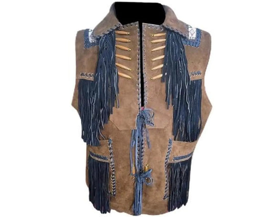 Men's Suede Leather Western Vest with Fringe and Beaded Accents