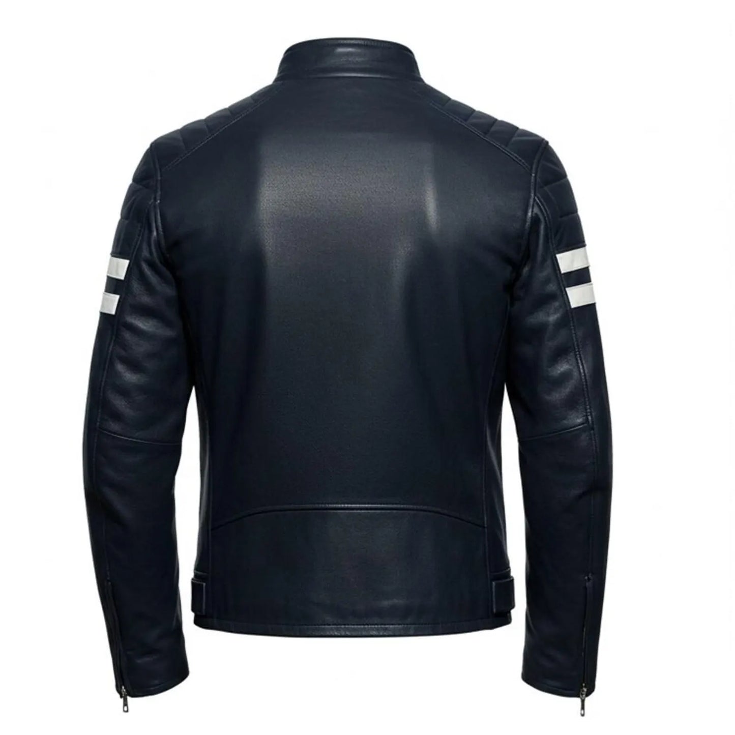 Navy Blue Moto Biker Leather Jacket with White Stripes