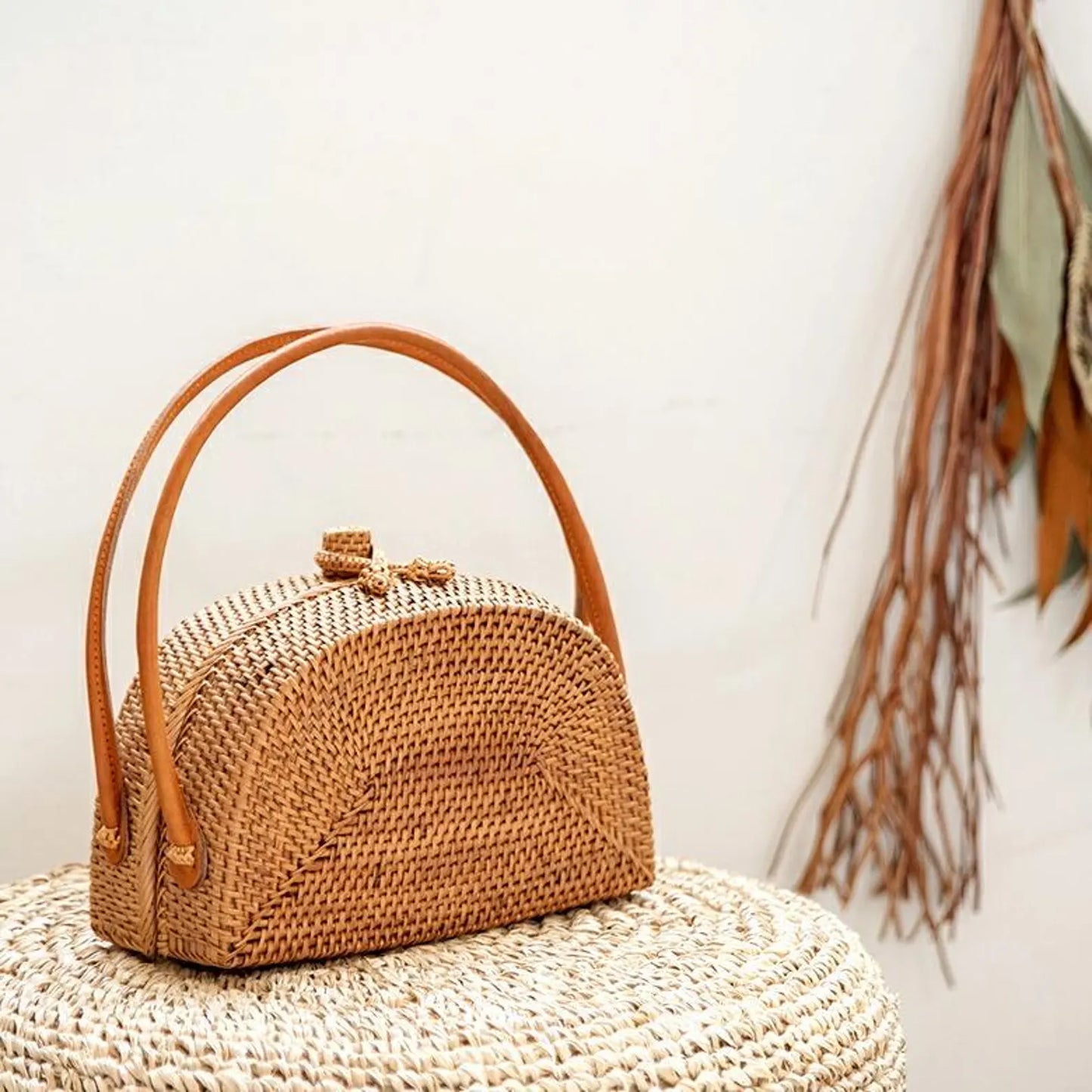 Dome Rattan Bag with Leather Handles