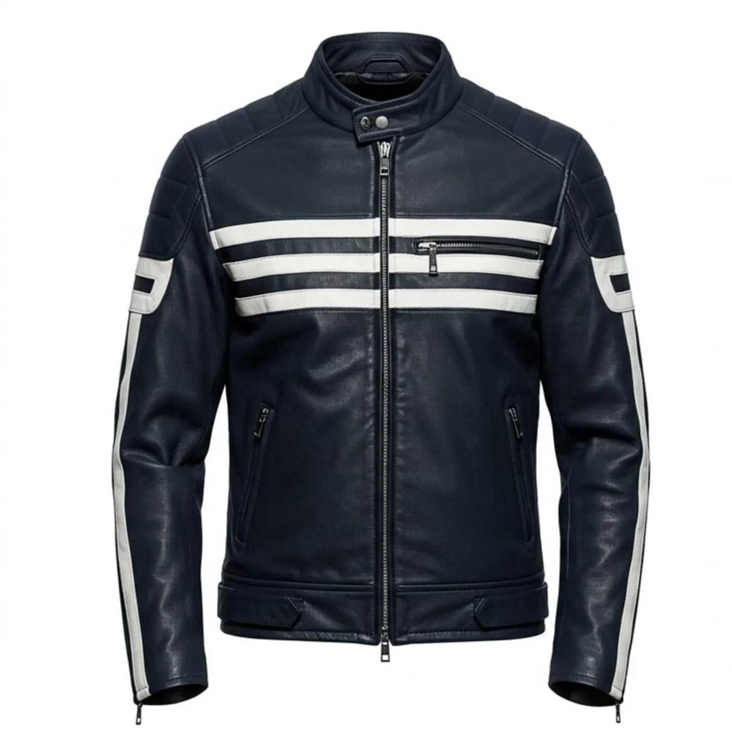 Navy Blue Moto Biker Leather Jacket with White Stripes
