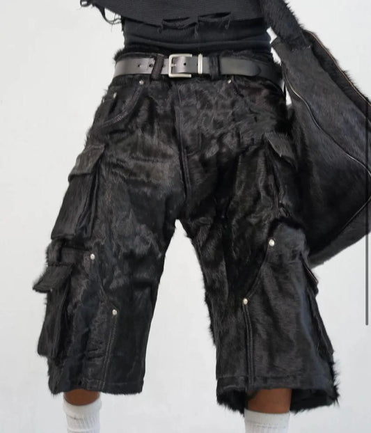Black Hair on Hide Cowhide Cargo Shorts for Men