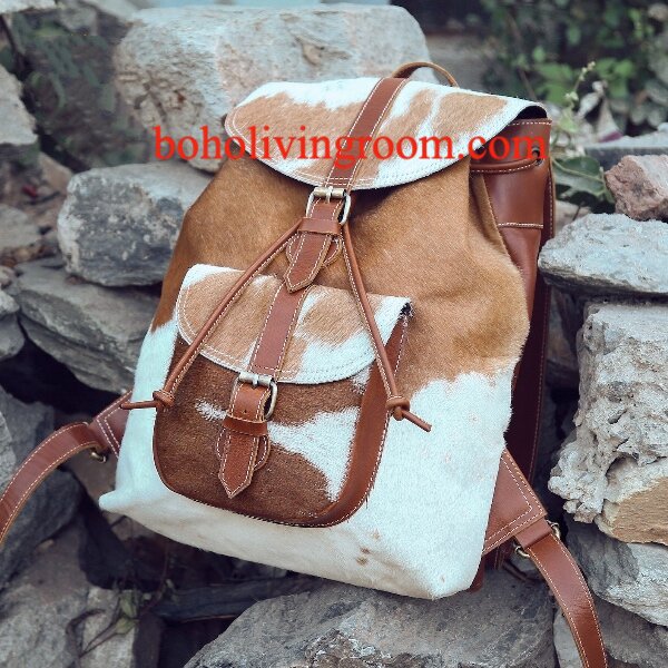 Real Cowhide Backpack Brown White