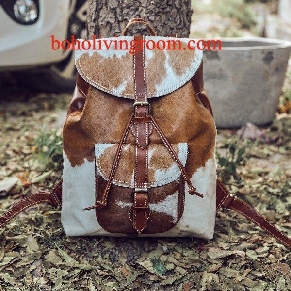 Real Cowhide Backpack Brown White