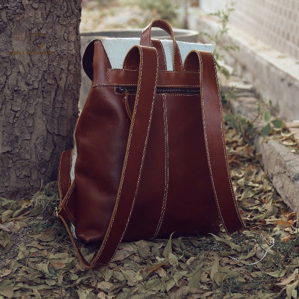 Real Cowhide Backpack Brown White