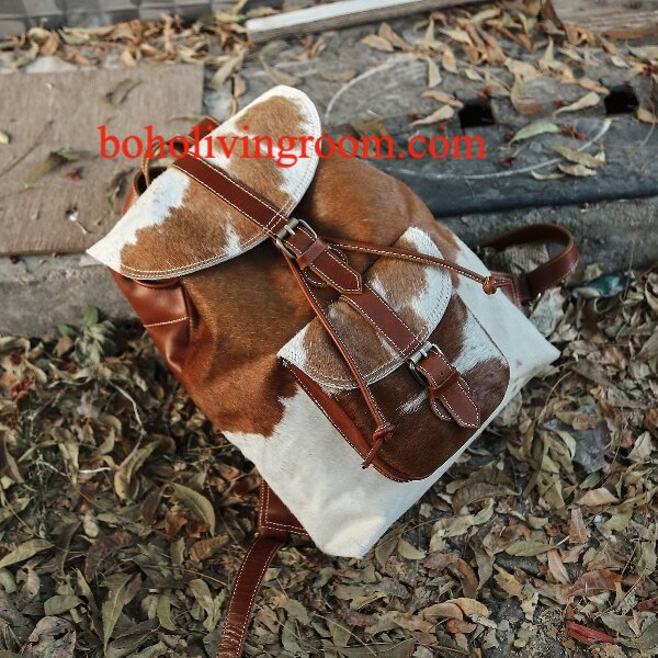 Real Cowhide Backpack Brown White