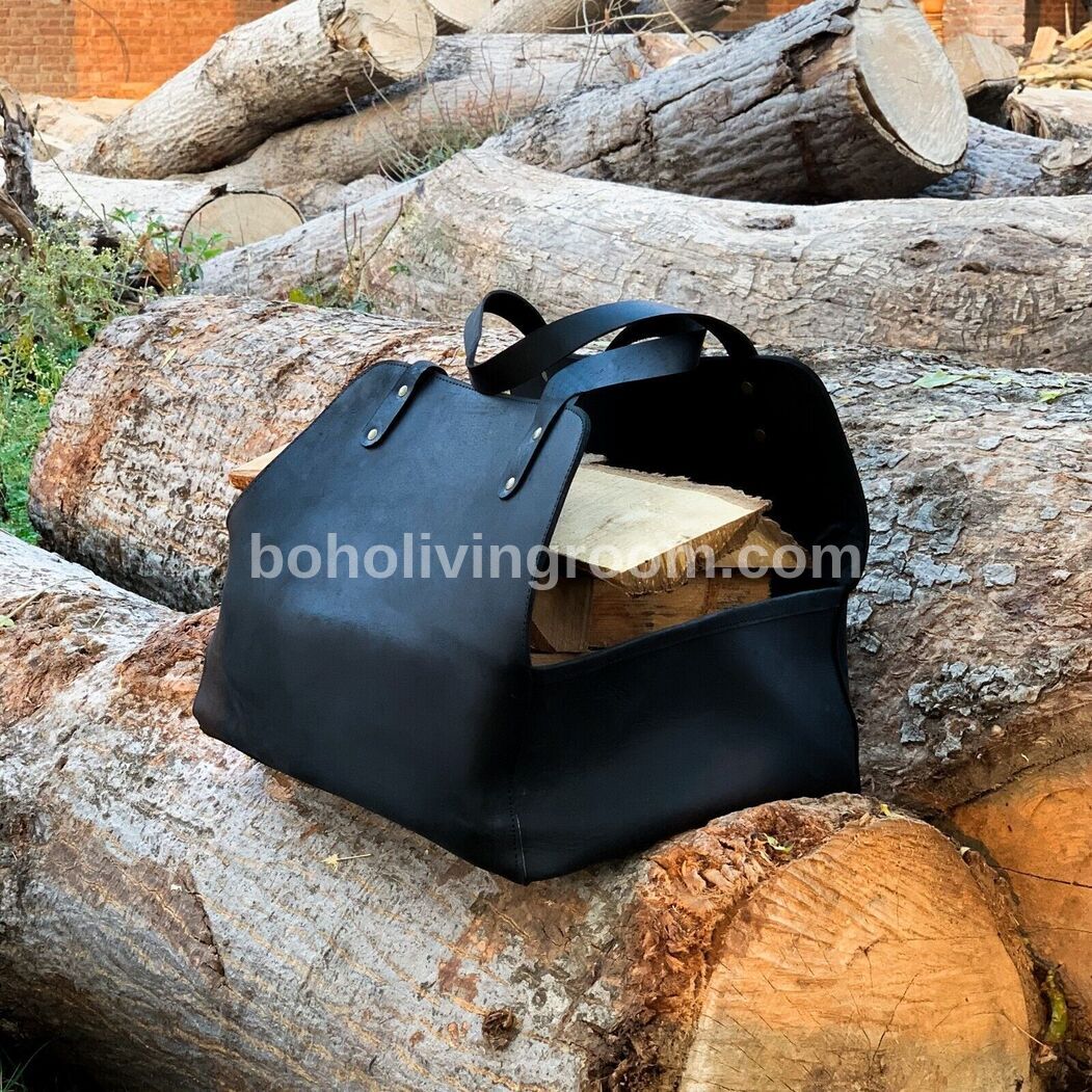 Leather Wood Carrier Tote Bag for Firewood, Real Heavy-Duty Fireplace Log Holder