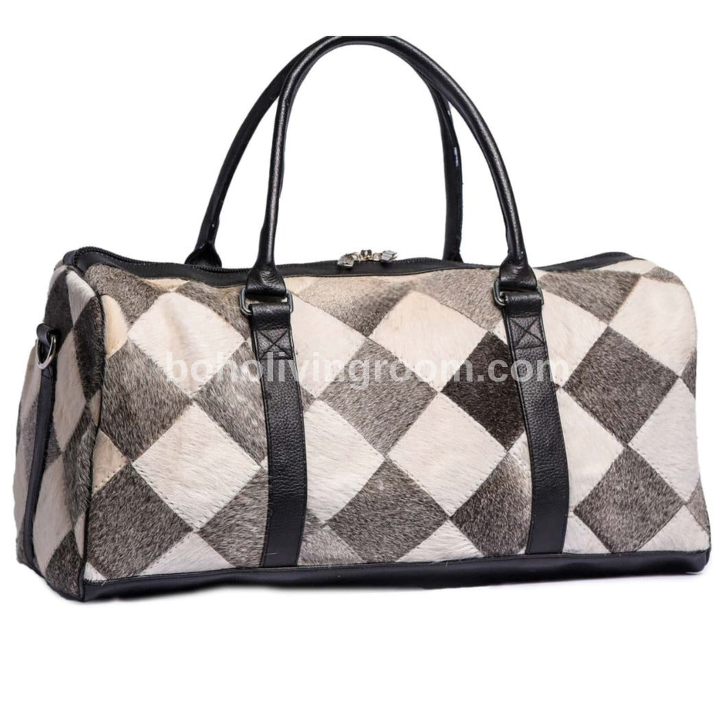 Grey White Patchwork Cowhide Duffle Bag
