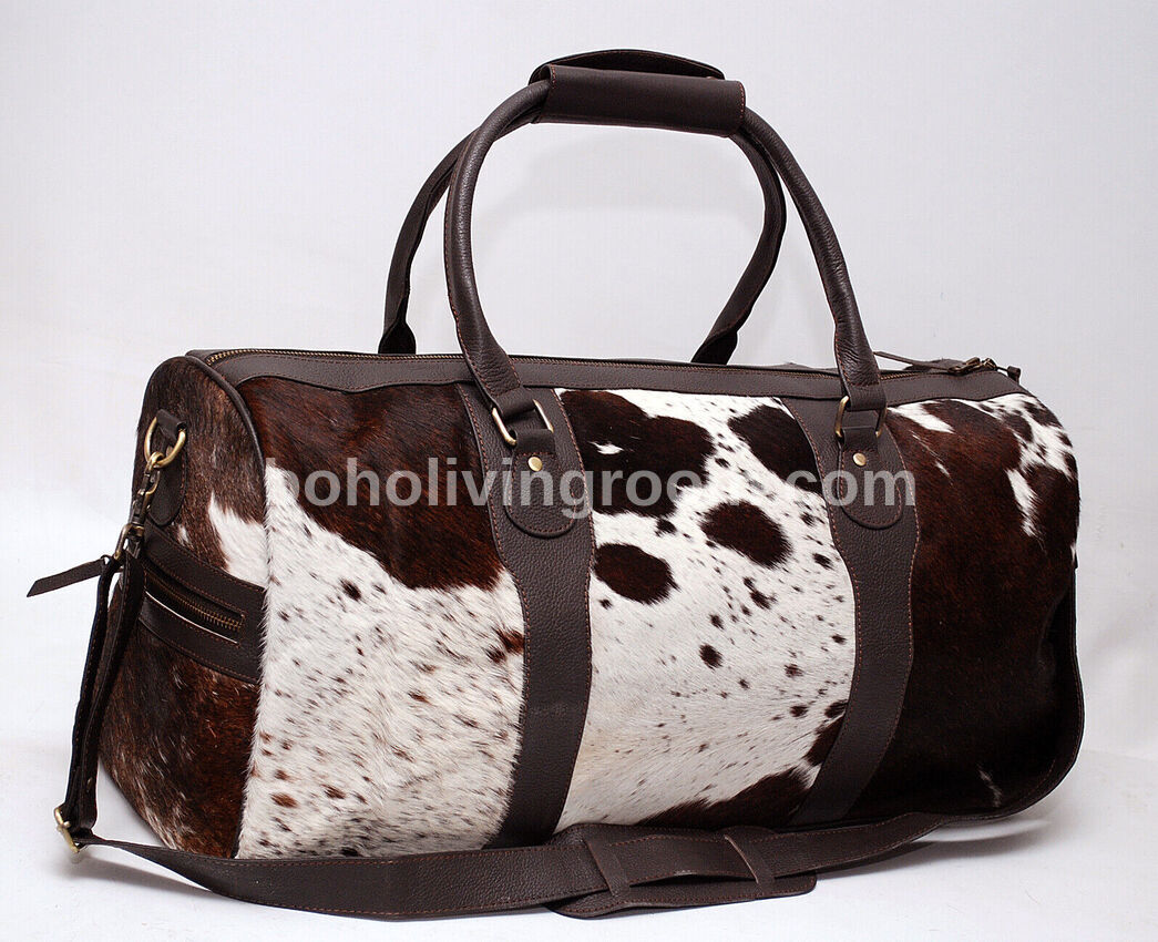 Cow Skin Duffle Bag Dark Brown Black White