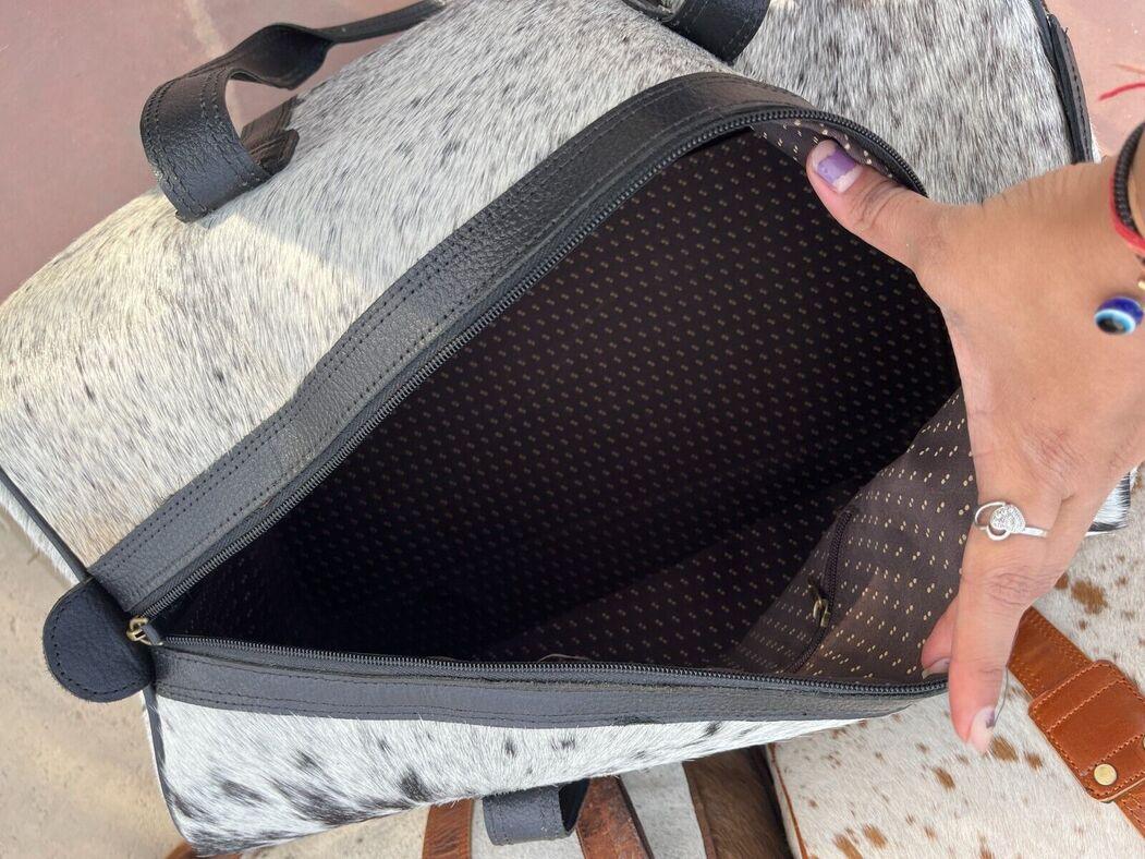 Handcrafted Brown White Cowhide Duffle Bag