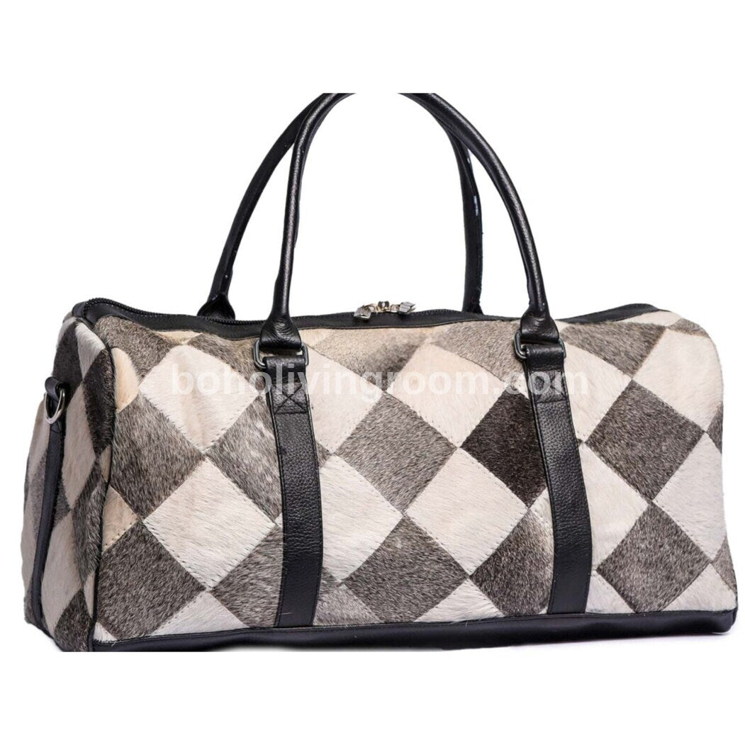 Grey White Patchwork Cowhide Duffle Bag