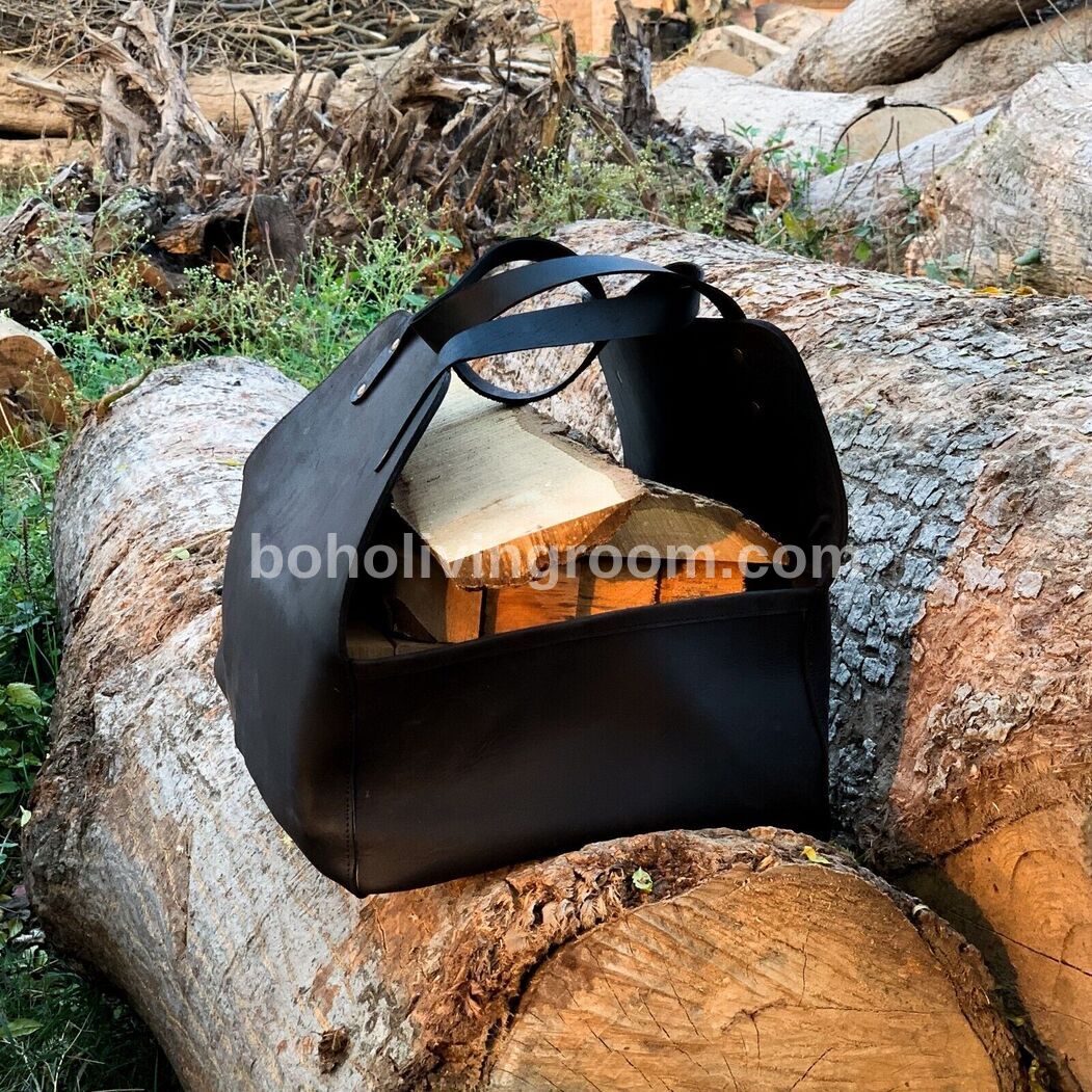 Leather Wood Carrier Tote Bag for Firewood, Real Heavy-Duty Fireplace Log Holder