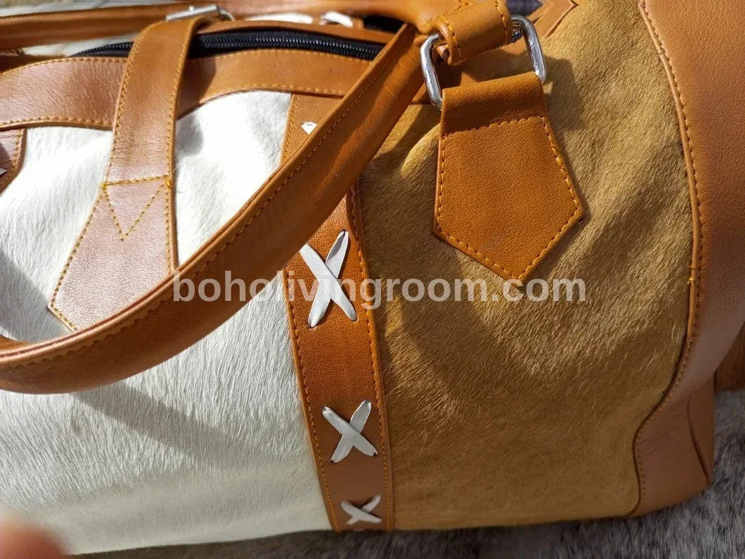 White Brown Black cowhide duffle bag
