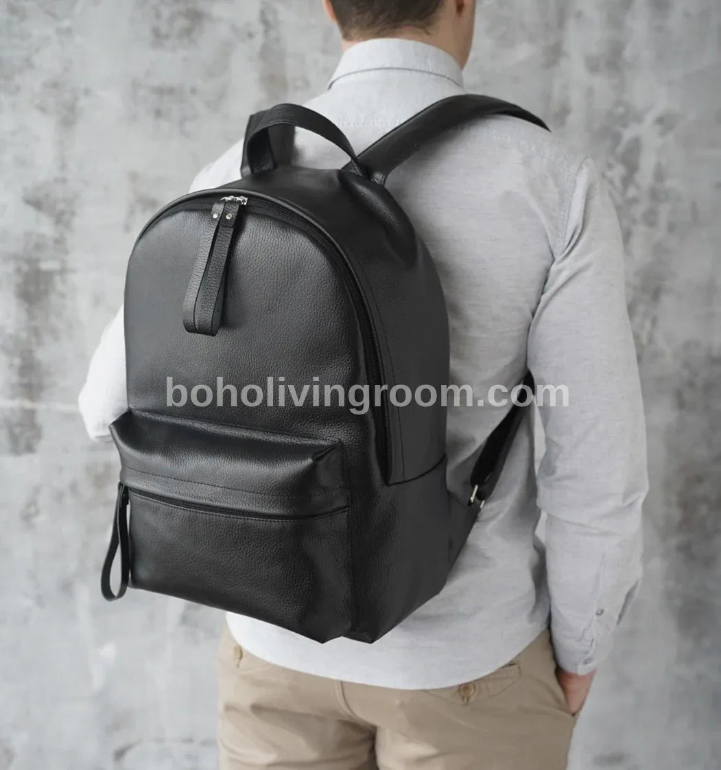 Black Leather Cowhide Backpack