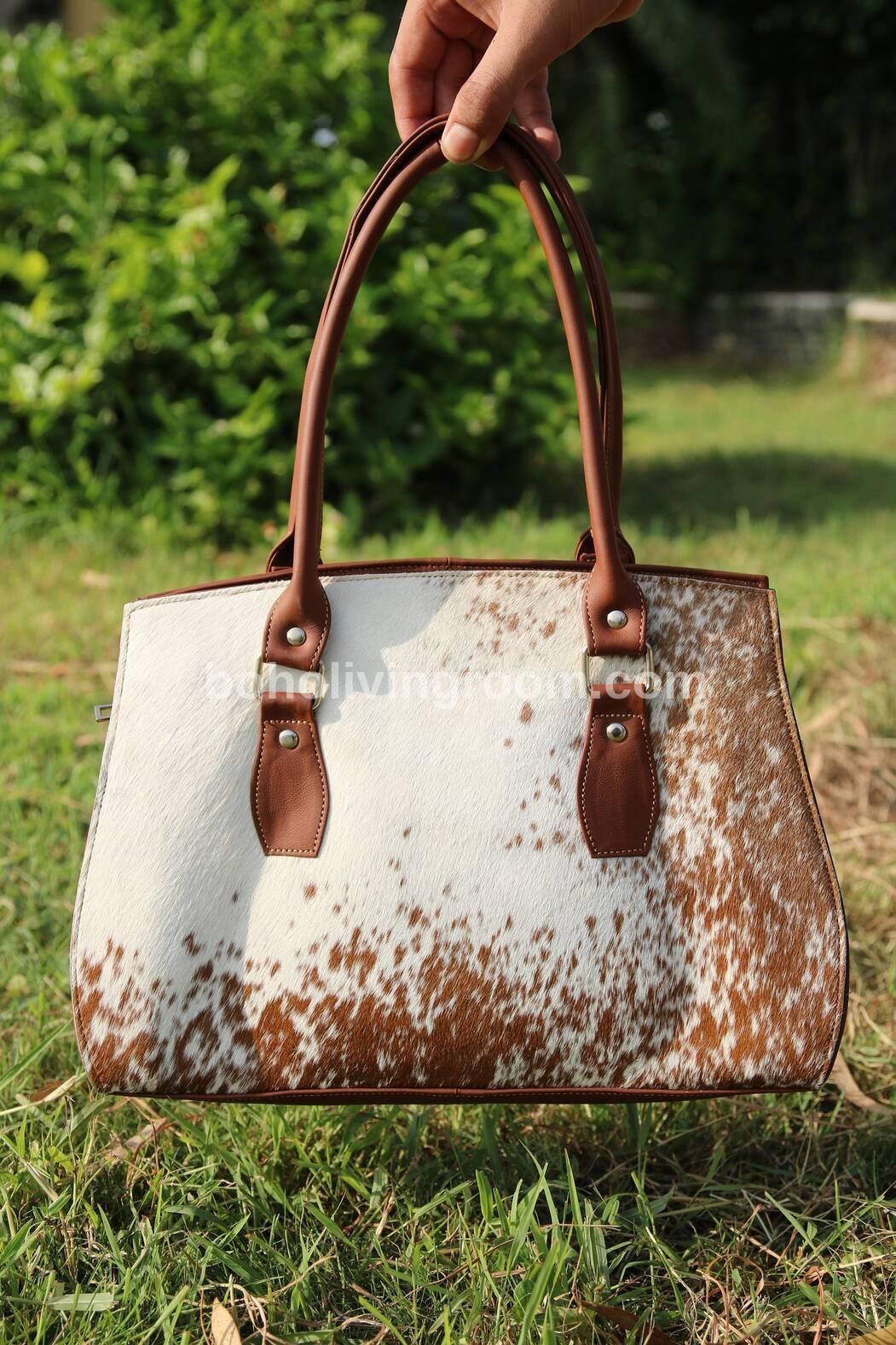 Natural Cow Skin Shoulder Purse Brown White
