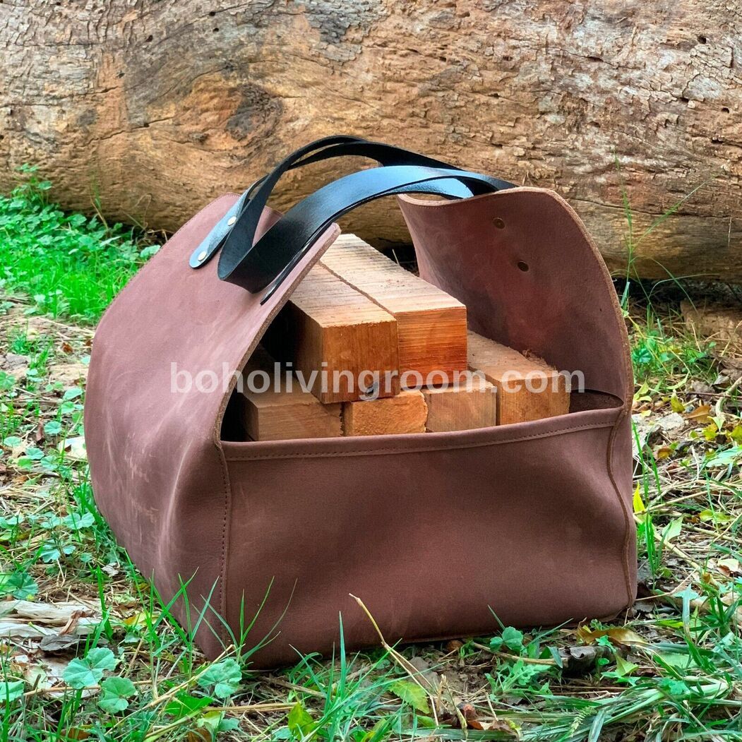 Leather Wood Carrier Tote Bag for Firewood, Real Heavy-Duty Fireplace Log Holder