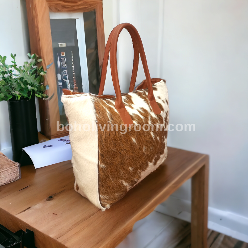 Brown and White Cowhide Bag Tote Shoulder Purse
