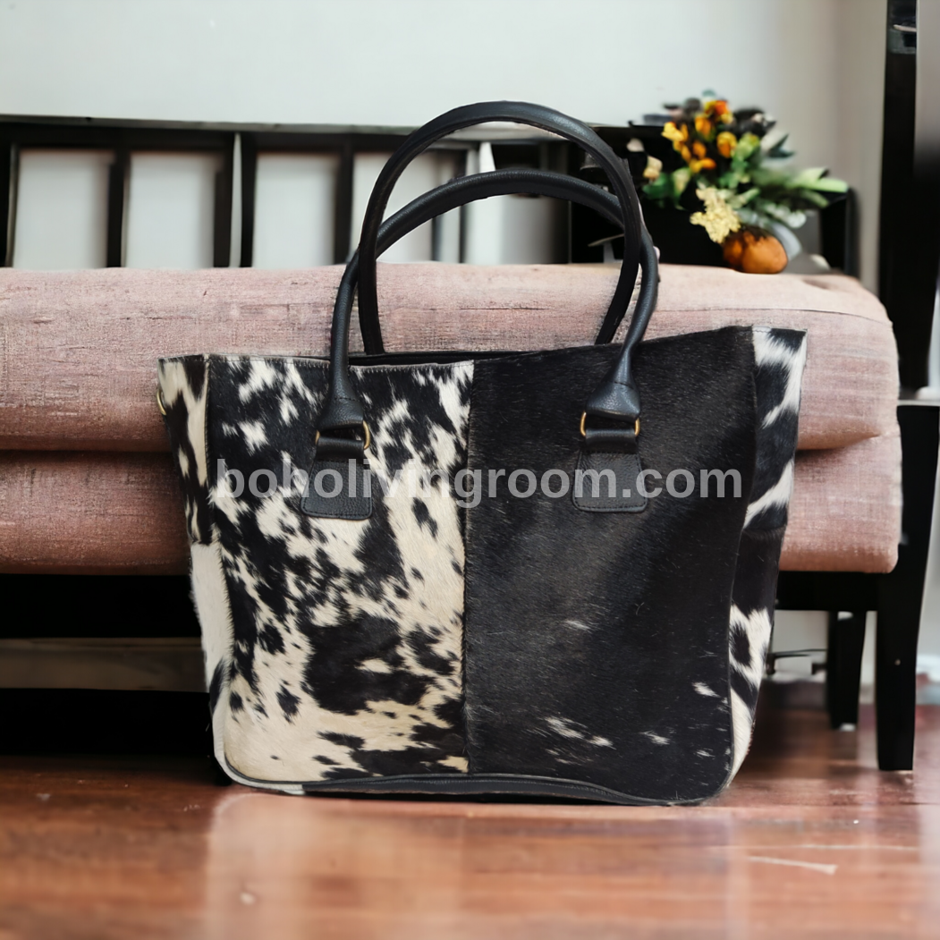 Cowhide Shoulder Purse Black White