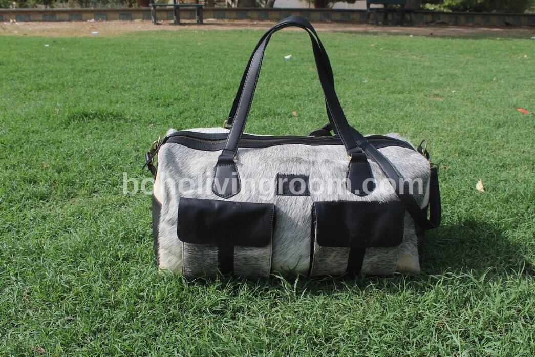 Grey White Hair On Cowhide Duffle Bag