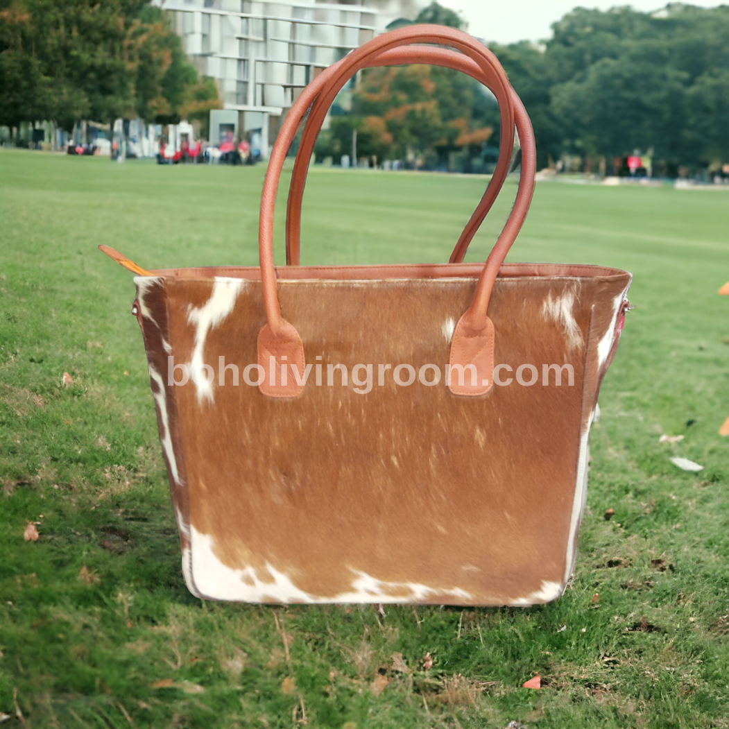 Cowhide Fur Tote Bag Brown White