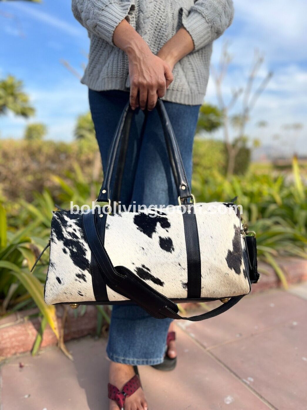 Cowhide Luggage Duffle Bag Black White