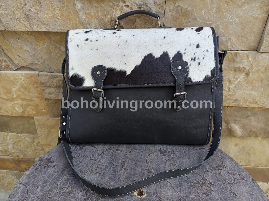 Cowhide Briefcase Bag Black White