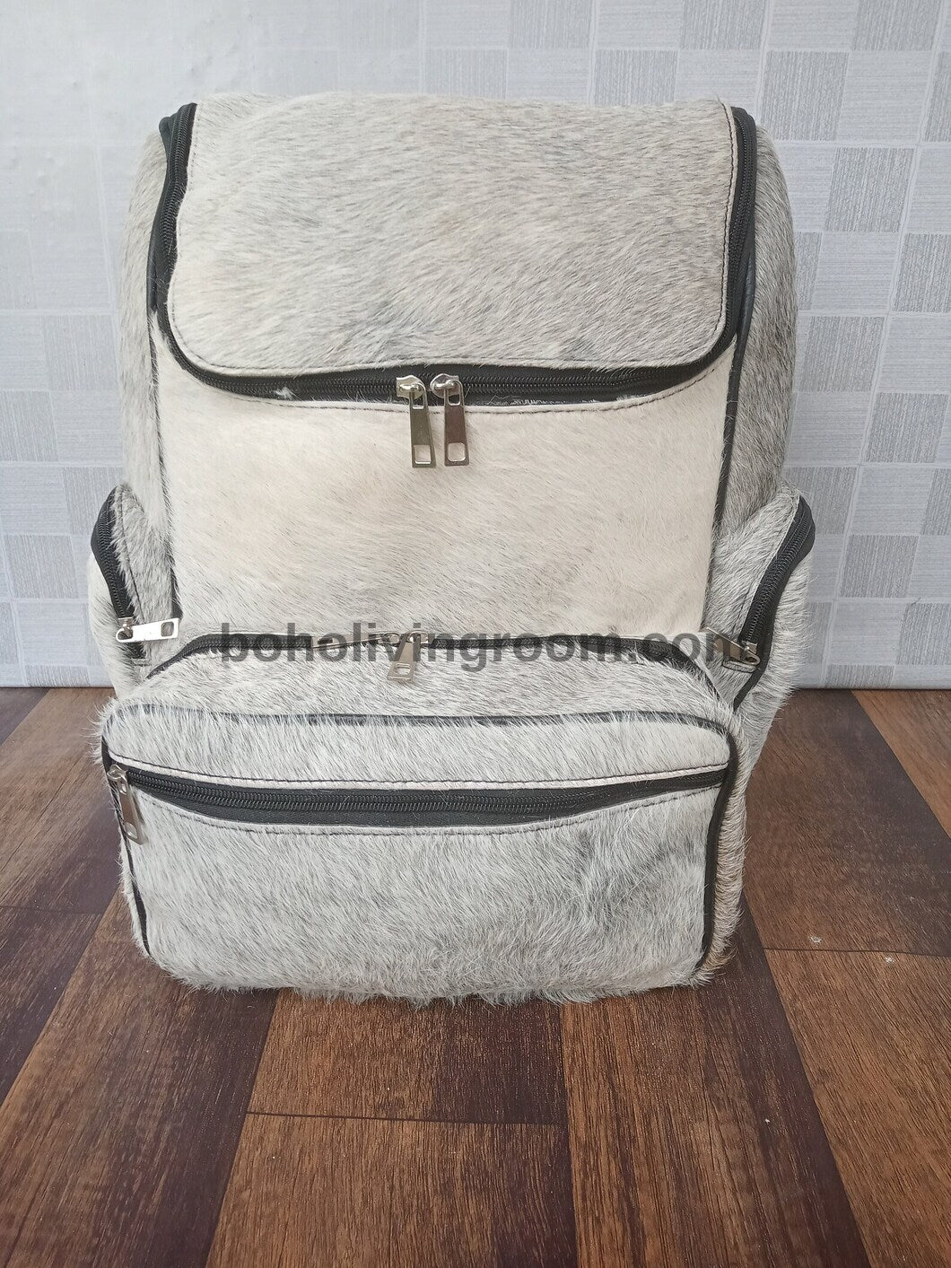 White Grey Speckled Cowhide Backpack Purse for Women