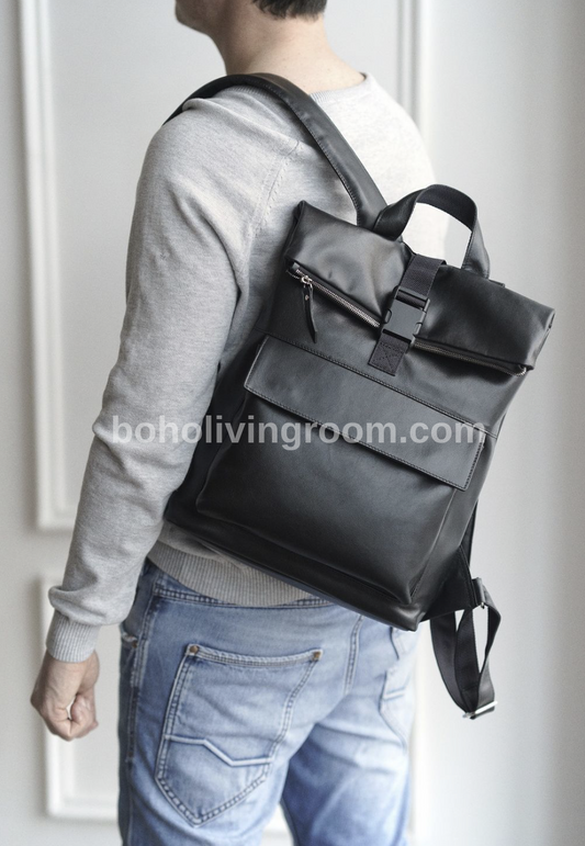 Men's Black Leather Roll Top Backpack with Laptop Compartment
