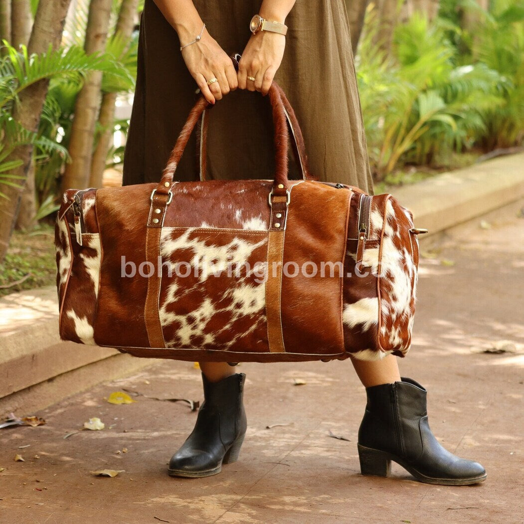 Brown White Cowhide Duffle Bags