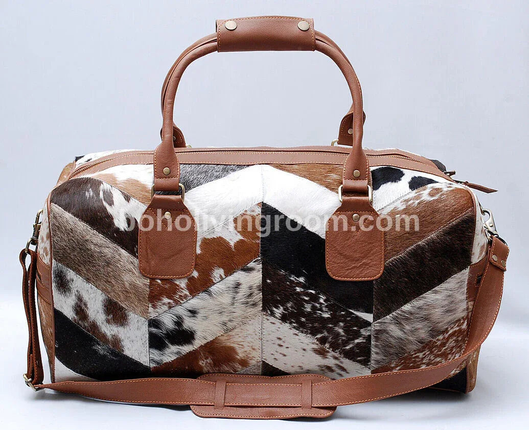 cowhide duffle bag patchwork Boho Living Room