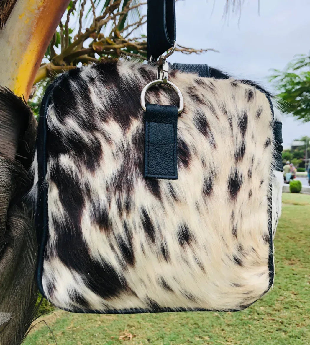 Large Cowhide Travel Bag Black White
