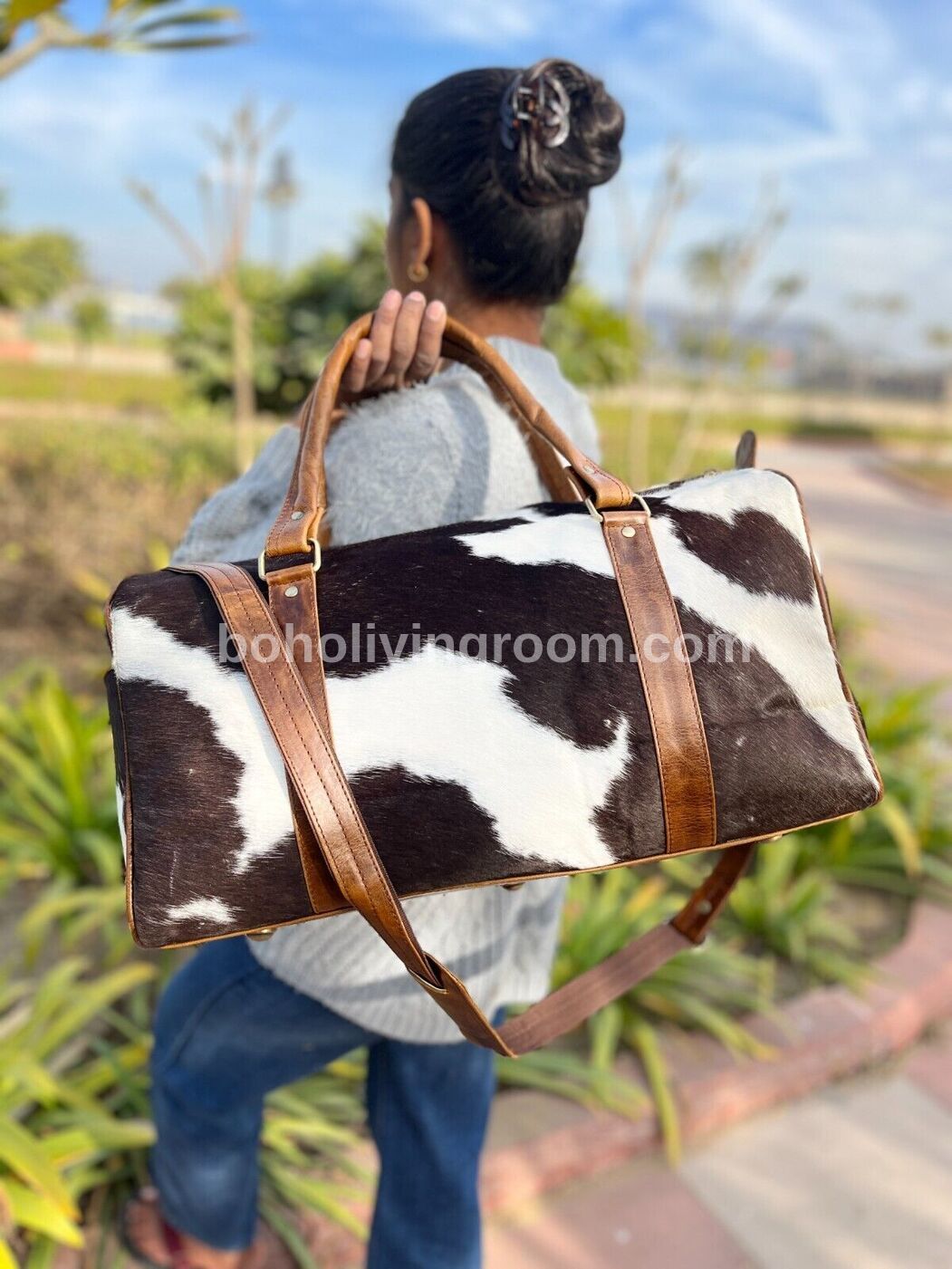 Cowhide Luggage Bag Black Brown White