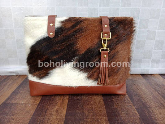 Cowhide Tote Purse Brown Black White