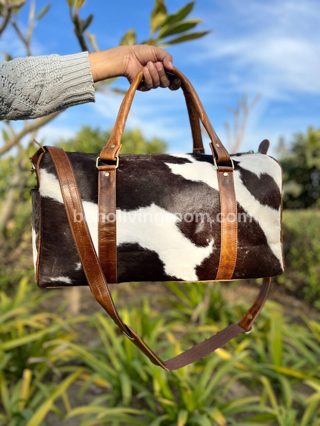 Cowhide Luggage Bag Black Brown White