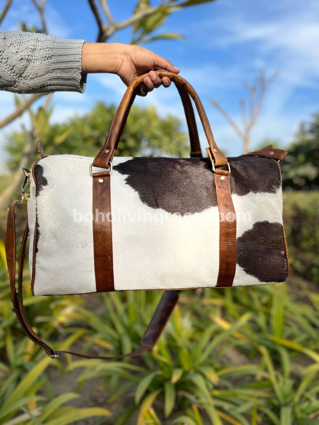 Cowhide Luggage Bag Black Brown White