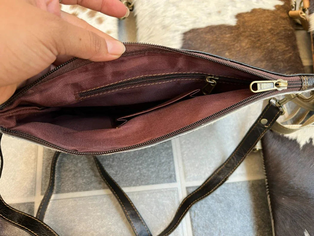 Cowhide Crossbody Sling Bag Brown White