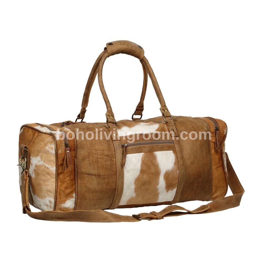 Large real-leather and cowhide weekender bag brown & white cowhide!)for long trips: haul everything, even extras, with ease!