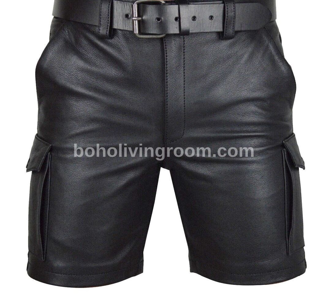 Men real cowhide leather cargo shorts