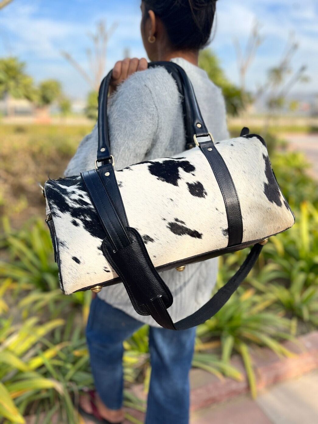 Cowhide Luggage Duffle Bag Black White