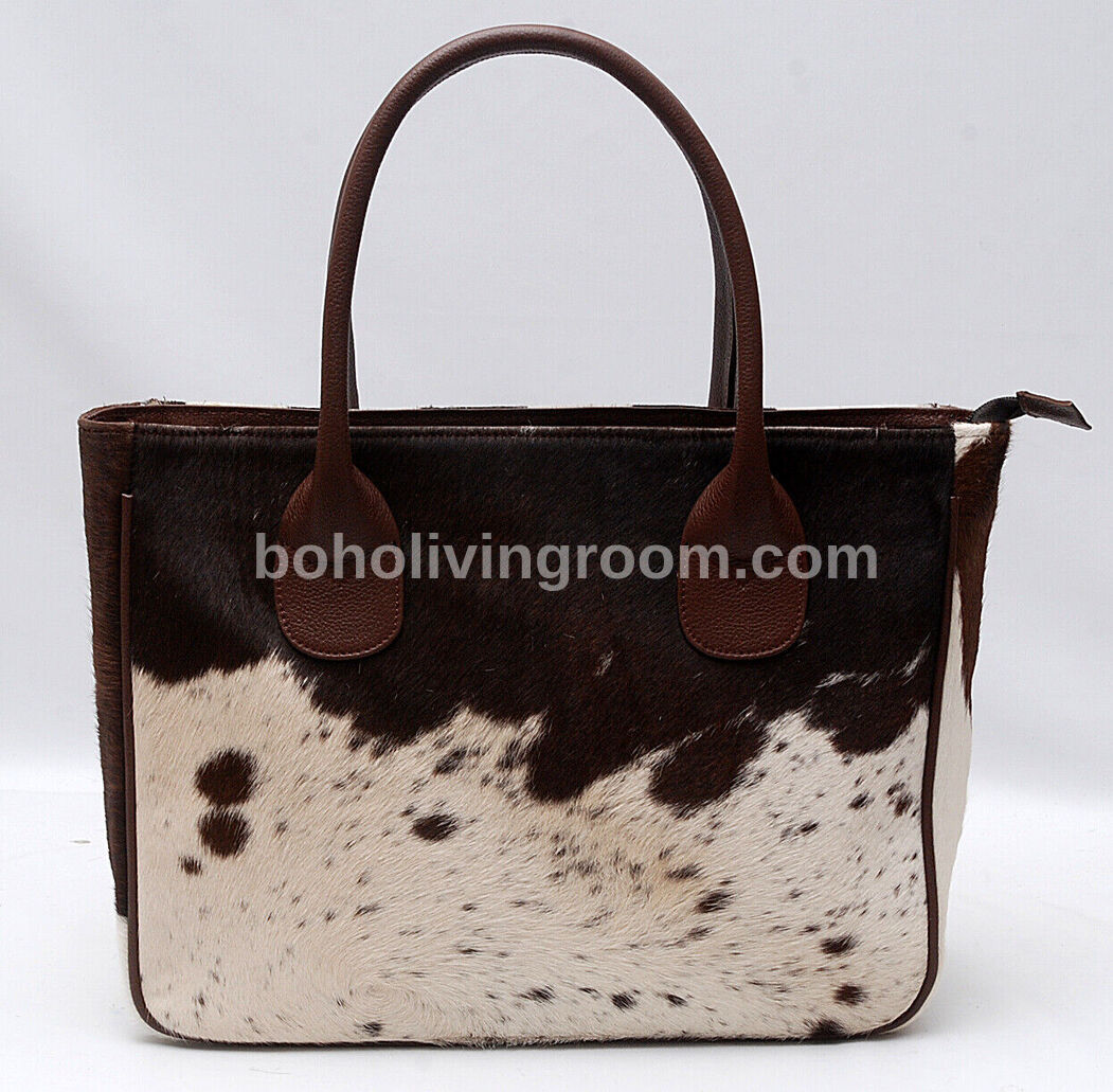 Cowhide Fur Shoulder Purse Dark Brown White