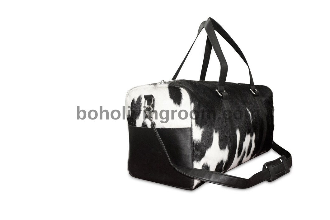 Cowhide Overnight Duffel Bag Black White