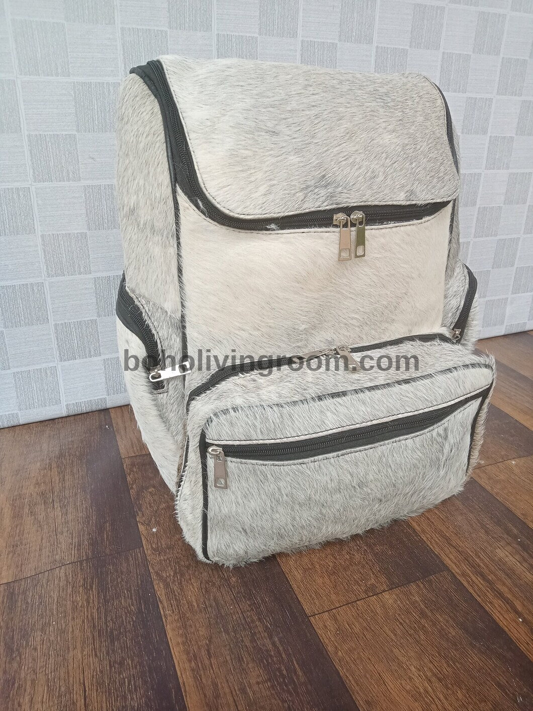 White Grey Speckled Cowhide Backpack Purse for Women