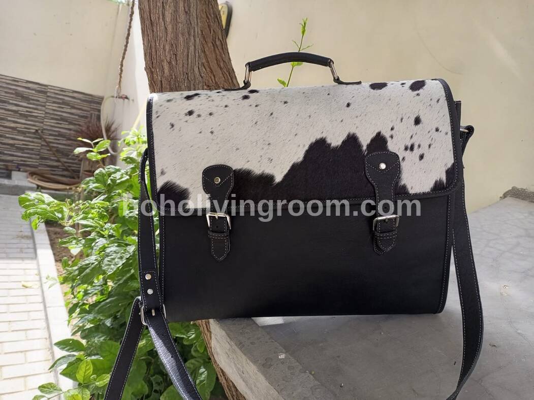 Cowhide Briefcase Bag Black White