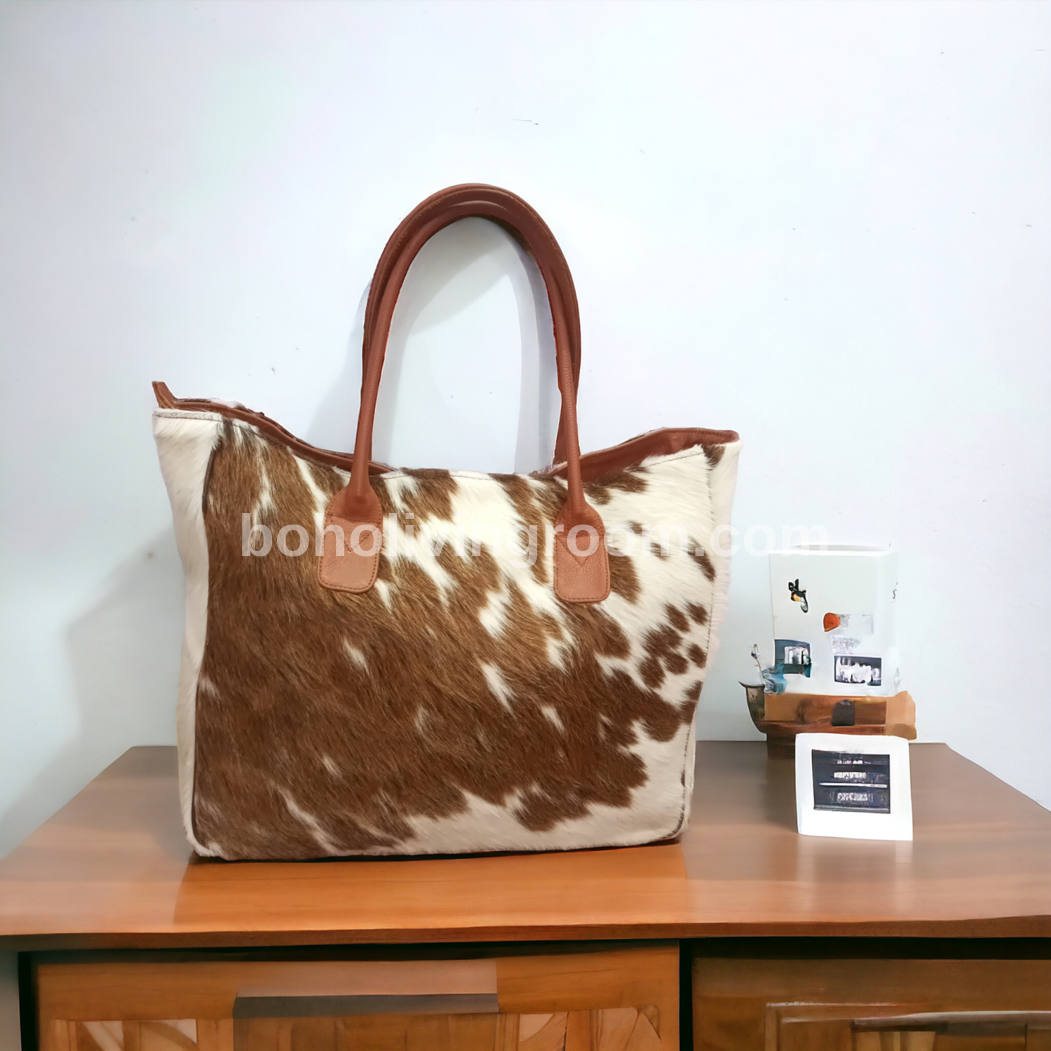 Brown and White Cowhide Bag Tote Shoulder Purse
