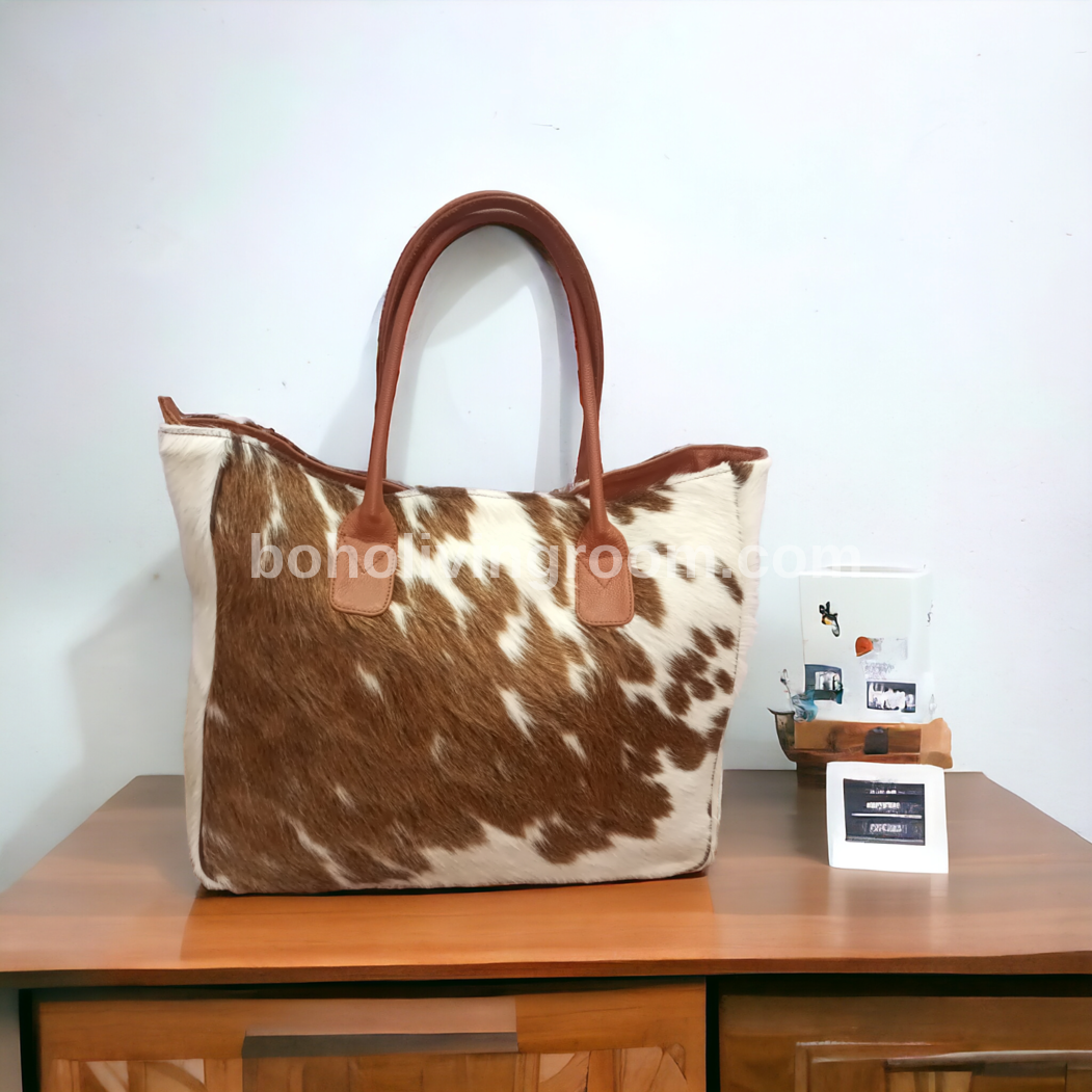 Brown White Real Cowhide Shoulder Bag