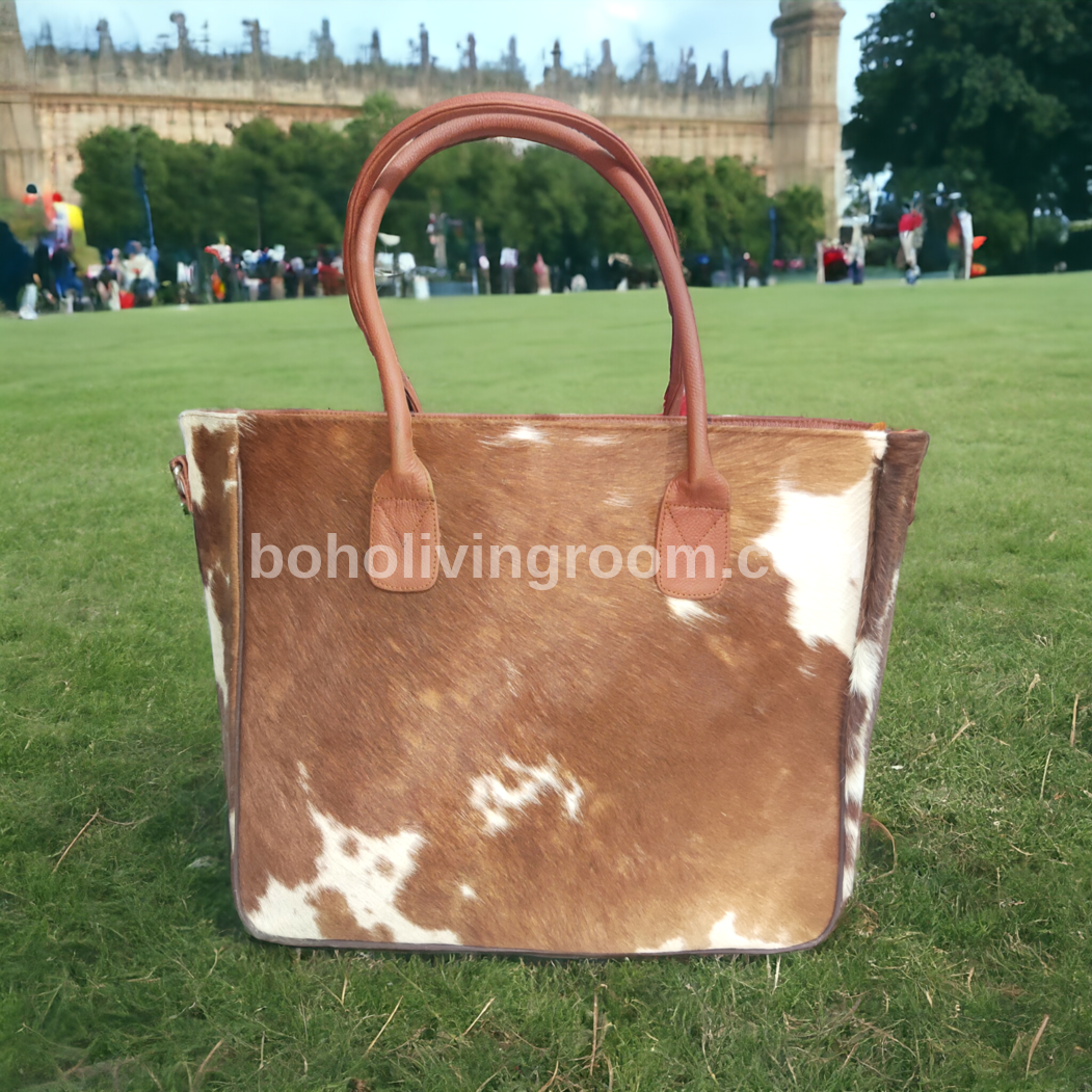 Cowhide Fur Tote Bag Brown White