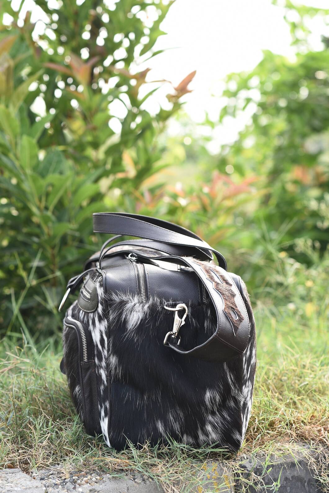 Cowhide Travel Duffle Bag Black White
