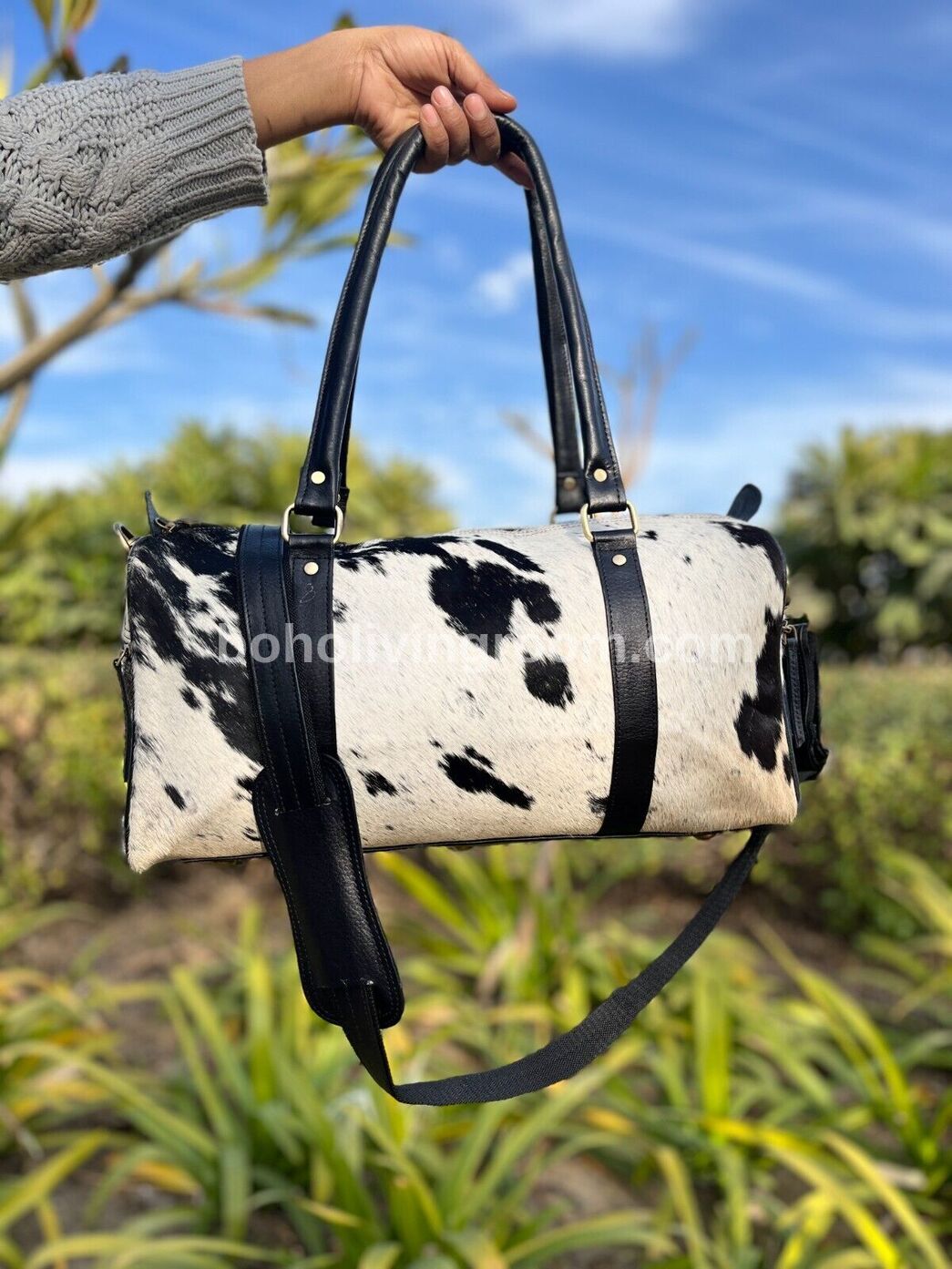 Cowhide Luggage Duffle Bag Black White